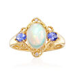 Opal and .30 ct. t.w. Tanzanite Ring with Diamond Accents in 14kt Yellow Gold