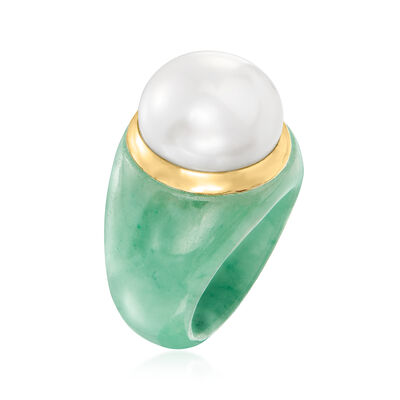 14-15mm Cultured Pearl and Jade Ring in 14kt Yellow Gold