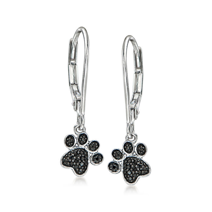 Black Diamond-Accented Paw Print Drop Earrings in Sterling Silver