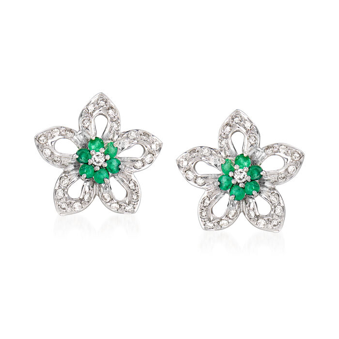 C. 1990 Vintage .55 ct. t.w. Diamond and .50 ct. t.w. Emerald Floral Earrings in 18kt White Gold
