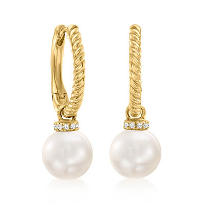 7.5-8mm Cultured Pearl Drop Earrings with Diamond Accents in 14kt Yellow Gold