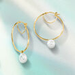 Italian 7-7.5mm Cultured Pearl Hoop Drop Earrings in 14kt Yellow Gold