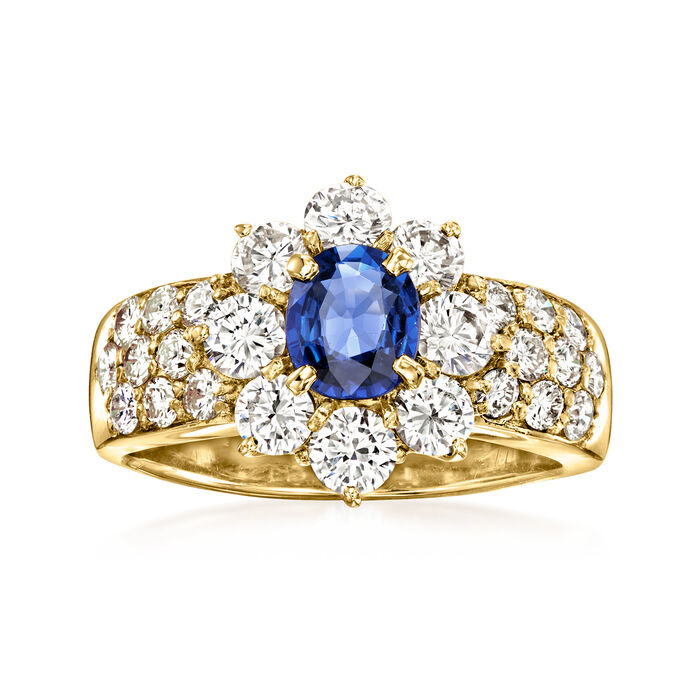C. 1980 Vintage .77 Carat Sapphire Ring with 1.70 ct. t.w. Diamonds in 18kt Yellow Gold