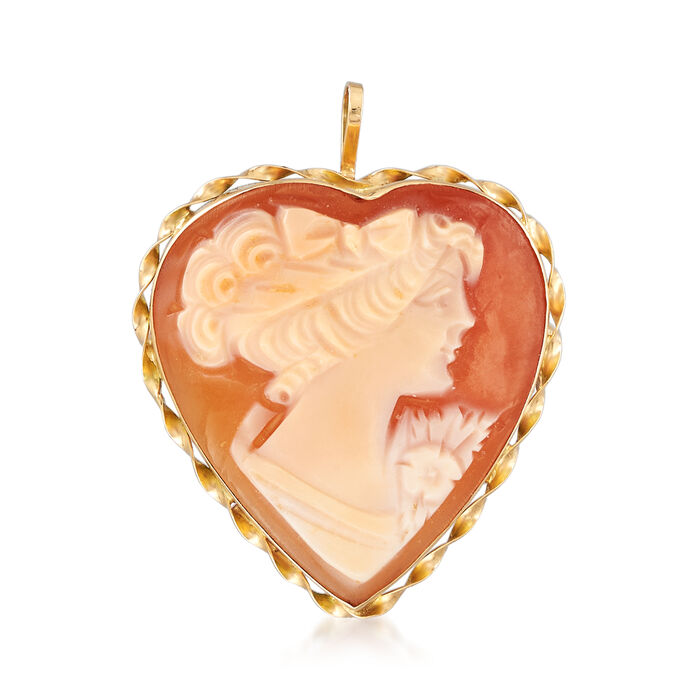 C. 1980 Vintage Pink Shell Heart Cameo Pin/Pendant in 14kt Yellow Gold