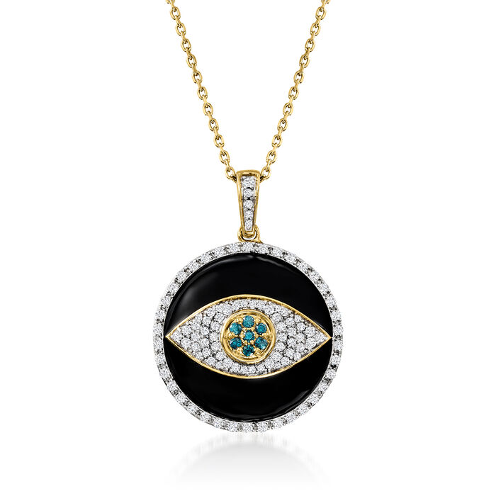 .50 ct. t.w. Blue and White Diamond and Black Enamel Evil Eye Pendant Necklace in 18kt Gold Over Sterling