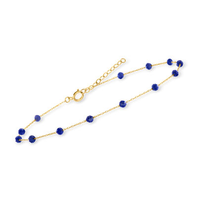 3-4mm Lapis Bead Station Anklet in 10kt Yellow Gold