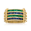 C. 1980 Vintage 1.30 ct. t.w. Sapphire, 1.10 ct. t.w. Emerald and .14 ct. t.w. Diamond Multi-Row Ring in 18kt Yellow Gold