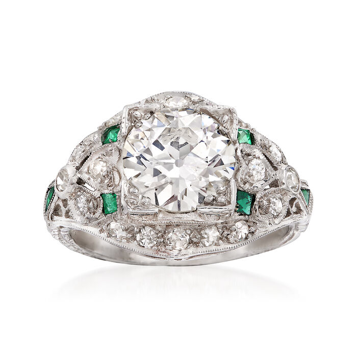 C. 1990 Vintage 2.55 ct. t.w. Diamond Ring With Emeralds in Platinum