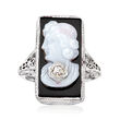 C. 1950 Vintage White Agate and Black Onyx Cameo Ring with Diamond Accent in 14kt White Gold