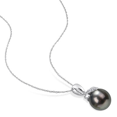 9.5-10mm Black Cultured Tahitian Pearl Pendant Necklace with Diamond Accents in 14kt White Gold
