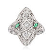 C. 1950 Vintage .16 ct. t.w. Diamond Dinner Ring with Emerald Accents in 18kt White Gold