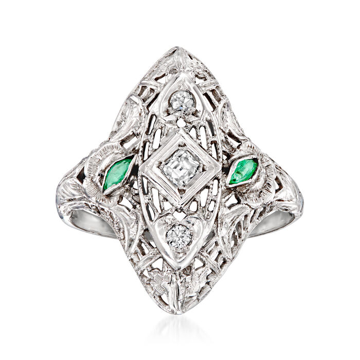 C. 1950 Vintage .16 ct. t.w. Diamond Dinner Ring with Emerald Accents in 18kt White Gold