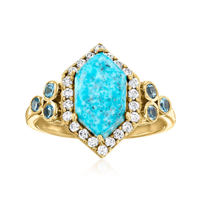Turquoise and .40 ct. t.w. White Topaz Ring with .20 ct. t.w. Swiss Blue Topaz in 18kt Gold Over Sterling