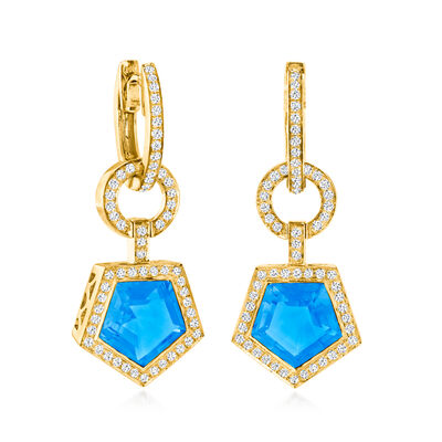 4.20 ct. t.w. Swiss Blue Topaz and .67 ct. t.w. Diamond Hoop Drop Earrings in 14kt Yellow Gold