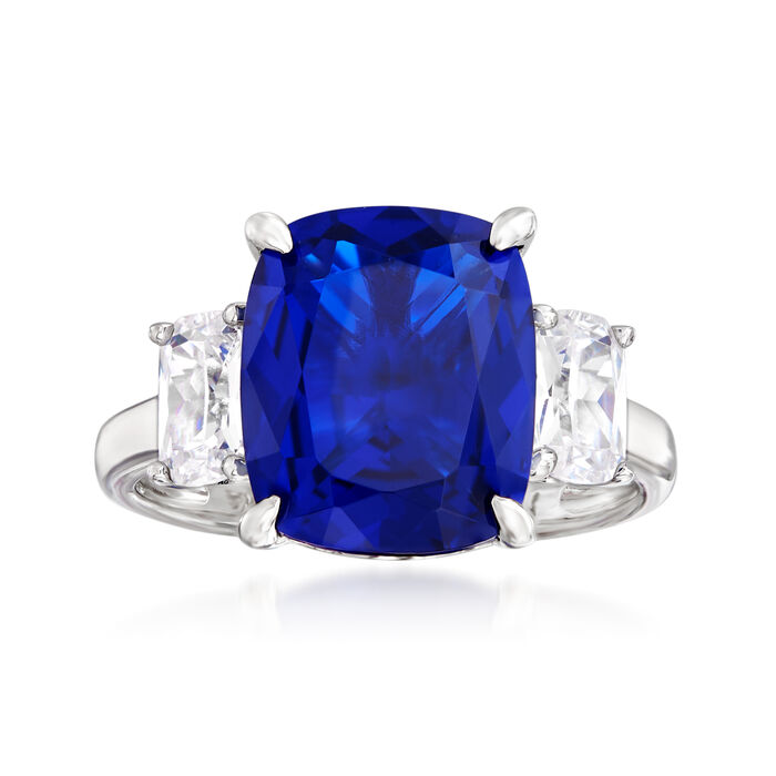 6.25 Carat Simulated Sapphire and 1.10 ct. t.w. CZ Three-Stone Ring in Sterling Silver