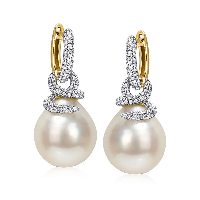 10-11mm Cultured South Sea Pearl and .50 ct. t.w. Diamond Coiled Drop Earrings in 14kt Yellow Gold