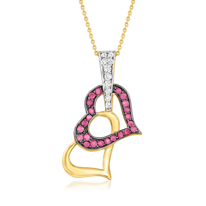1.60 ct. t.w. Ruby and .60 ct. t.w. White Topaz Double-Heart Pendant Necklace in 18kt Gold Over Sterling