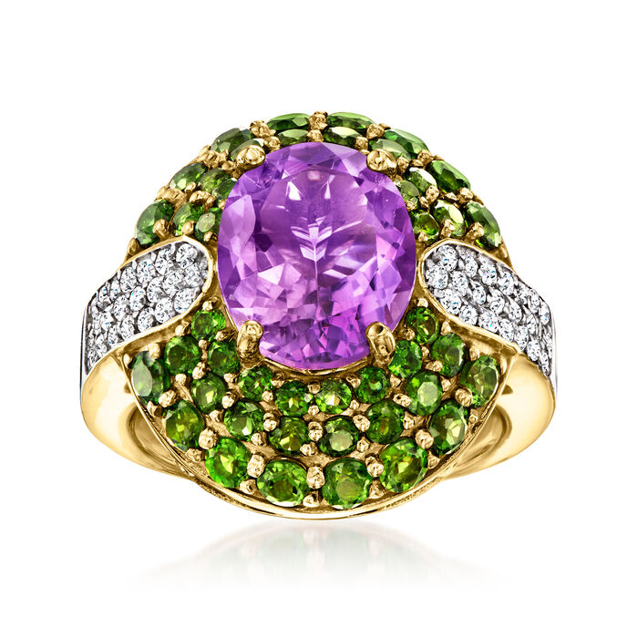 3.50 Carat Amethyst and 2.40 ct. t.w. Chrome Diopside Ring with .40 ct. t.w. White Zircons in 18kt Gold Over Sterling
