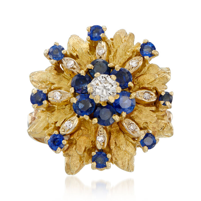 C. 1970 Vintage 1.40 ct. t.w. Sapphire and .25 ct. t.w. Diamond Flower Ring in 14kt Yellow Gold