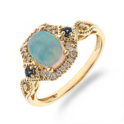 Ethiopian Opal Ring with .11 ct. t.w. Diamonds and Sapphire Accents in 14kt Yellow Gold