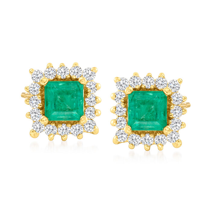 .70 ct. t.w. Emerald and .32 ct. t.w. Diamond Stud Earrings in 14kt Yellow Gold