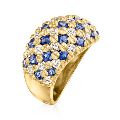 C. 1990 Vintage 1.88 ct. t.w. Sapphire and 1.13 ct. t.w. Diamond Wave Ring in 18kt Yellow Gold