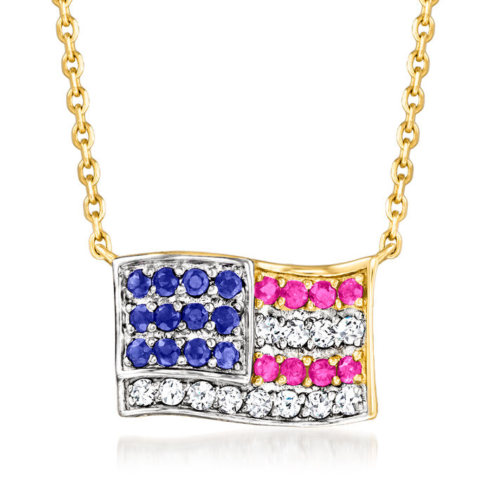 .20 ct. t.w. Multi-Gemstone and .13 ct. t.w. Diamond American Flag Necklace in 14kt Yellow Gold
