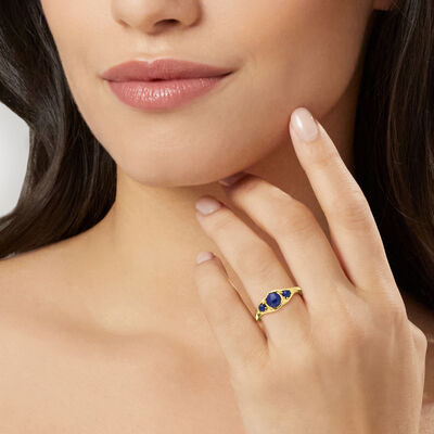 Lapis Three-Stone Ring with Diamond Accents in 10kt Yellow Gold