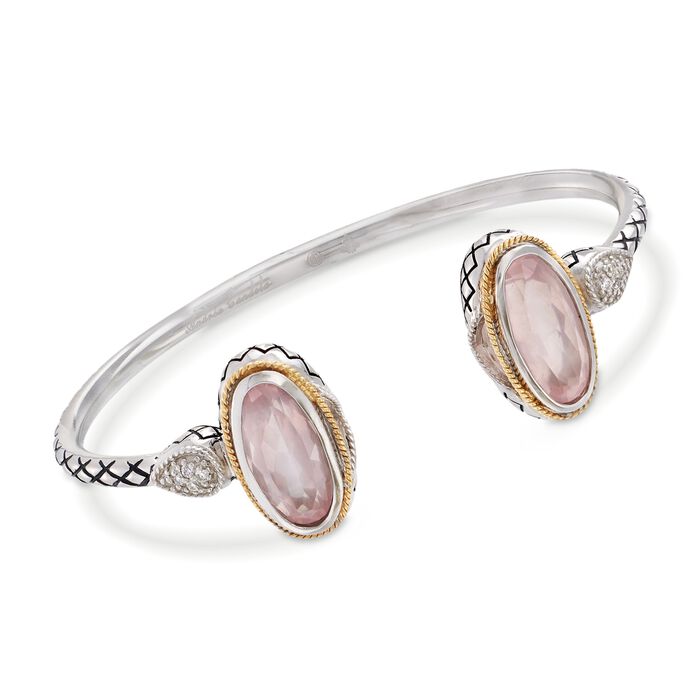 Andrea Candela Rose Quartz Cuff Bracelet with Diamond Accents in Sterling Silver and 18kt Gold