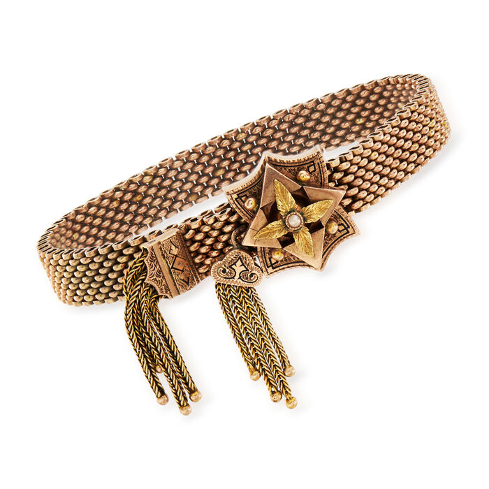 C. 1900 Vintage 2mm Cultured Pearl Tassel Bracelet in 10kt Yellow Gold