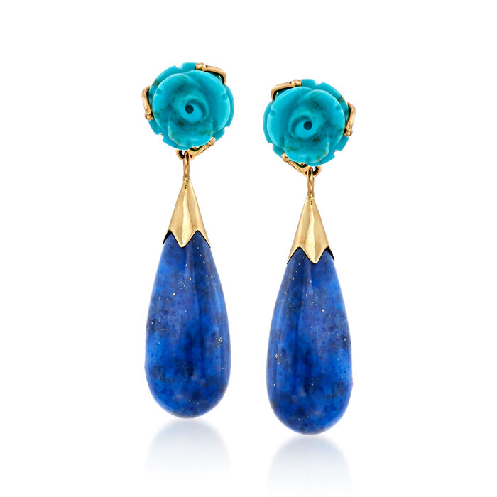 Lapis and Turquoise Floral Teardrop Earrings in 14kt Yellow Gold