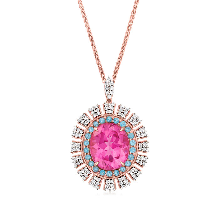 6.50 Carat Pink Topaz Pendant with .40 ct. t.w. Swiss Blue Topaz and .73 ct. t.w. Diamonds in 14kt Rose Gold