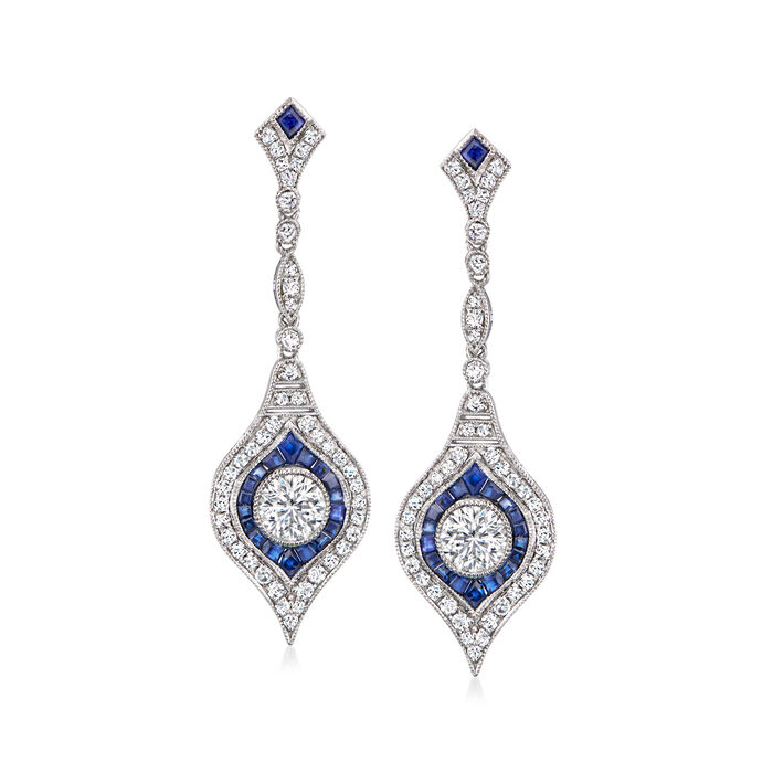 C. 1990 Vintage 1.90 ct. t.w. Diamond and 1.31 ct. t.w. Sapphire Drop Earrings in Platinum