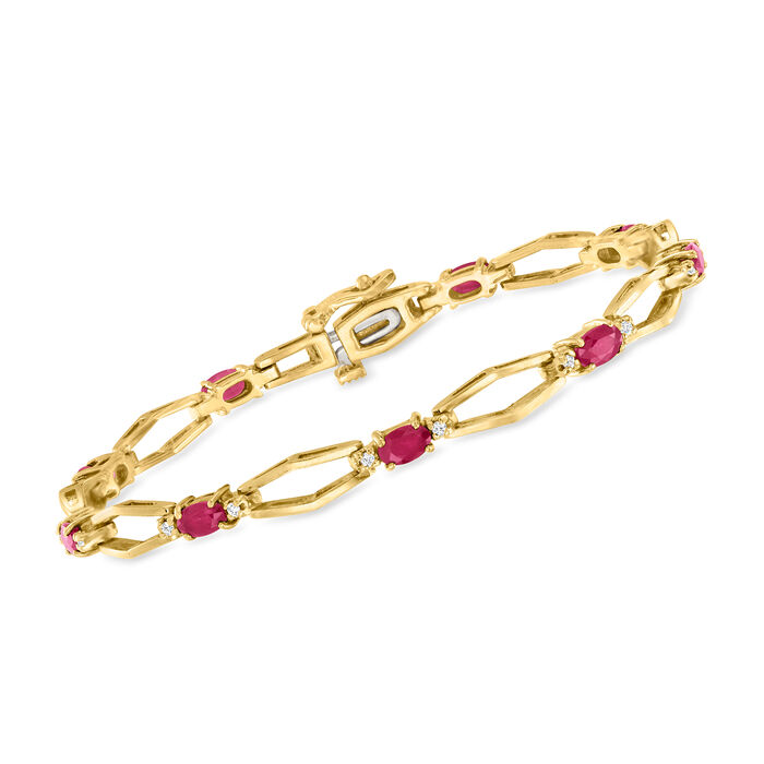 C. 1980 Vintage 3.50 ct. t.w. Ruby and .20 ct. t.w. Diamond Geometric-Link Bracelet in 14kt Yellow Gold