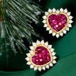 1.70 ct. t.w. Ruby and 1.10 ct. t.w. Diamond Heart Earrings in 18kt Yellow Gold