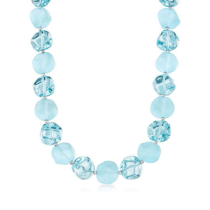 Italian Aqua Blue Murano Glass Bead Necklace with Sterling Silver