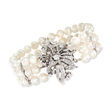 C. 1980 Vintage 6-6.5mm Cultured Pearl Three-Strand Bracelet with 1.00 ct. t.w. Diamond Clasp in 14kt White Gold