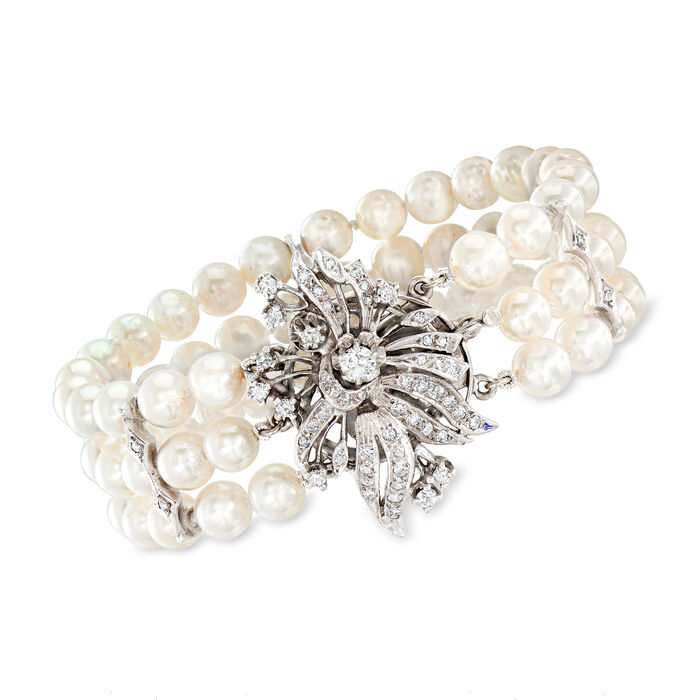 C. 1980 Vintage 6-6.5mm Cultured Pearl Three-Strand Bracelet with 1.00 ct. t.w. Diamond Clasp in 14kt White Gold