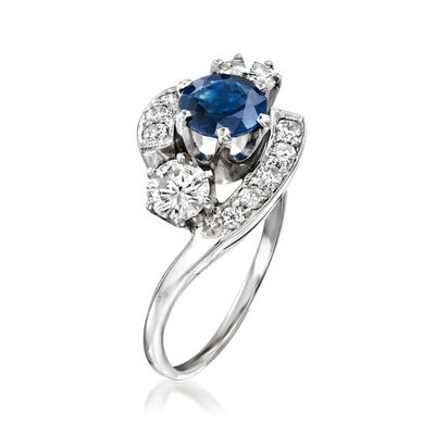C. 1960 Vintage .75 Carat Sapphire and .80 ct. t.w. Diamond Ring in 14kt White Gold