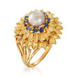 C. 1970 Vintage 6.5mm Cultured Pearl and .60 ct. t.w. Sapphire Flower Ring in 14kt Yellow Gold