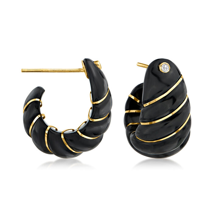 Black Jade and .10 ct. t.w. White Topaz J-Hoop Earrings with 14kt Yellow Gold
