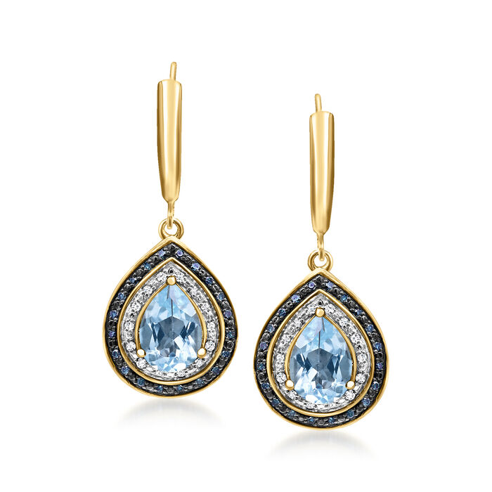 4.10 ct. t.w. Sky Blue Topaz and .12 ct. t.w. Blue Diamond Drop Earrings with White Diamond Accents in 18kt Gold Over Sterling