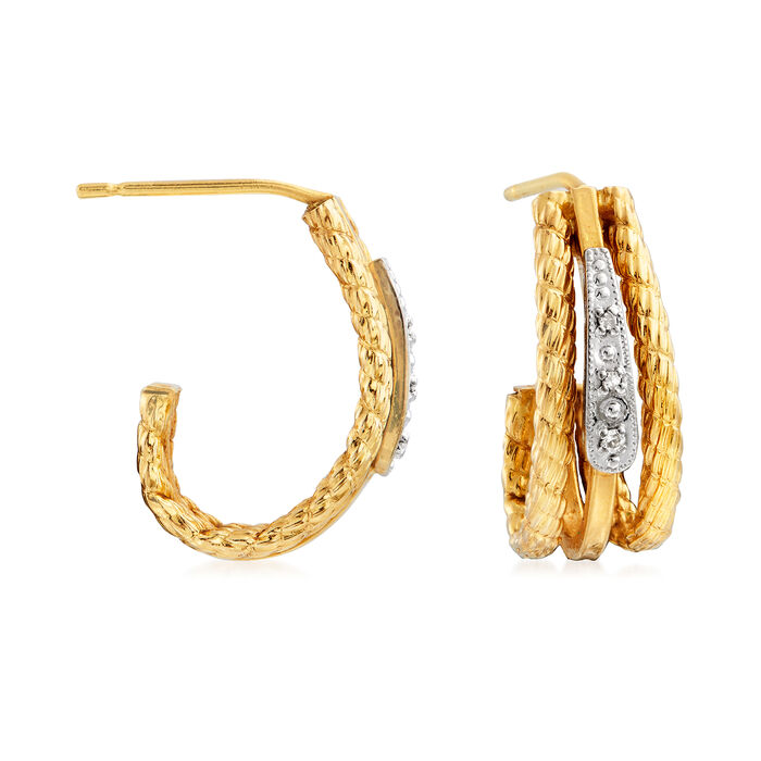 C. 1990 Vintage 14kt Two-Tone Gold J-Hoop Earrings with Diamond Accents