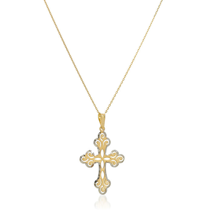 14kt Two-Tone Gold Filigree Cross Pendant Necklace