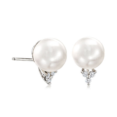 9-10mm Cultured Pearl and .16 ct. t.w. Diamond Earrings in 14kt White Gold
