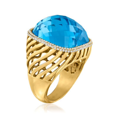 25.00 Carat Swiss Blue Topaz Doublet Ring with .37 ct. t.w. Diamonds in 14kt Yellow Gold