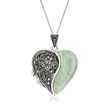 Jade and Marcasite Heart Locket Pendant Necklace in Sterling Silver