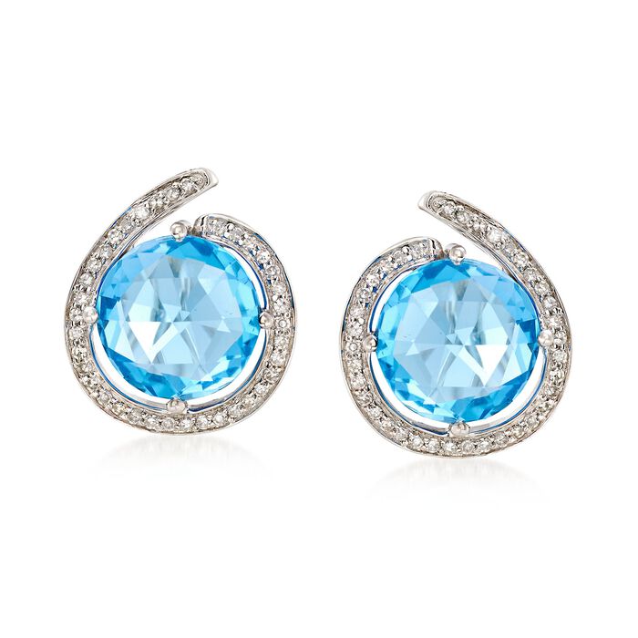 7.75 ct. t.w. Blue Topaz and .27 ct. t.w. Diamond Swirl Earrings in 14kt White Gold   