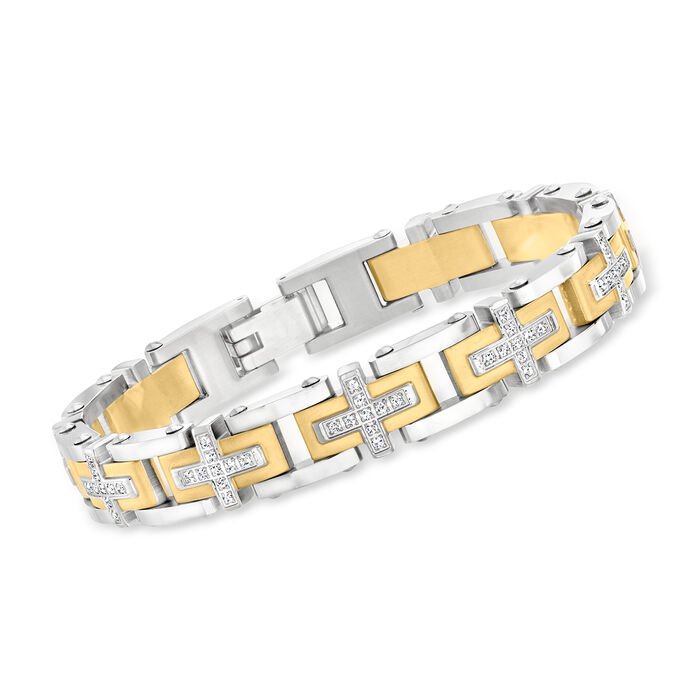 Men's 1.30 ct. t.w. CZ Cross Bracelet in Stainless Steel and 18kt Yellow Gold Plate