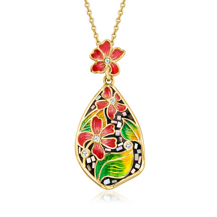 Gray Mother-of-Pearl and Multicolored Enamel Floral Pendant Necklace with White Zircon Accents in 18kt Gold Over Sterling